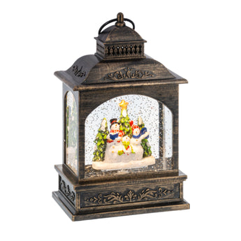LED Light-up shimmer snowman lantern with swirling glitter effect inside an acrylic frame. USB and battery powered holiday decoration.