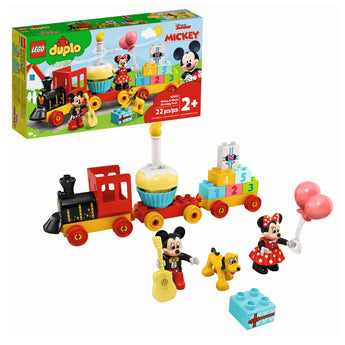 LEGO DUPLO Mickey & Minnie Birthday Train Set featuring Disney characters Mickey Mouse, Minnie Mouse, and Pluto on a colorful buildable train with numbered blocks and balloons.