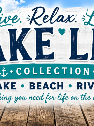 A nautical-themed 'Lake Life Collection' banner featuring a blue Adirondack chair, wooden signs with beach and lake quotes, a rope basket, and a striped throw blanket on a wooden dock by the water.