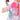 Close-up of a plush toy with pink jacket and blue arm, on a white background