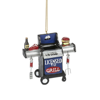 Resin "Licensed to Grill" BBQ ornament with grill, steak, burger, beer, and tools