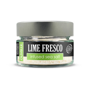 Glass jar of Lime Fresco Infused Sea Salt- citrus sea salt perfect for tacos, margaritas, seafood, and snacks