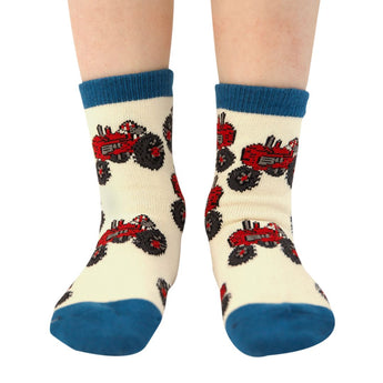Kids' red tractor socks in natural color with Lyons Blue heel and toe