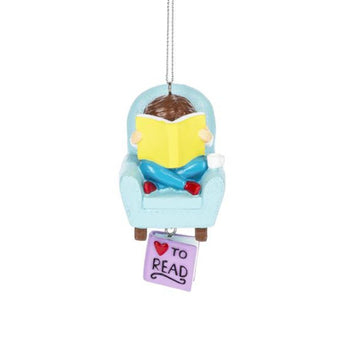 Love to Read ornament with reader in chair and dangling heart sign