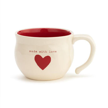 Cream-colored ceramic soup bowl with red interior, red heart, and "made with love" text from Demdaco's Warm Heart Collection.