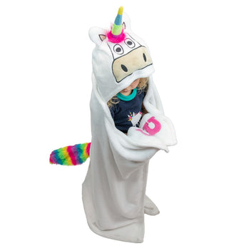 Child's hooded unicorn blanket in white fleece, featuring a unicorn face on the hood and detailed pockets