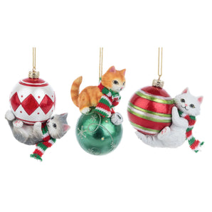 Gray, White, and Orange Tabby Cats hanging from holiday bulbs Christmas ornament