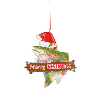 Decorative fish ornament with a Santa hat and 'Merry Fishmas' sign on a white background