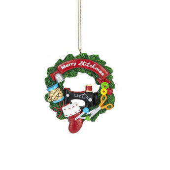 Merry Stitchmas ornament with sewing machine and wreath design