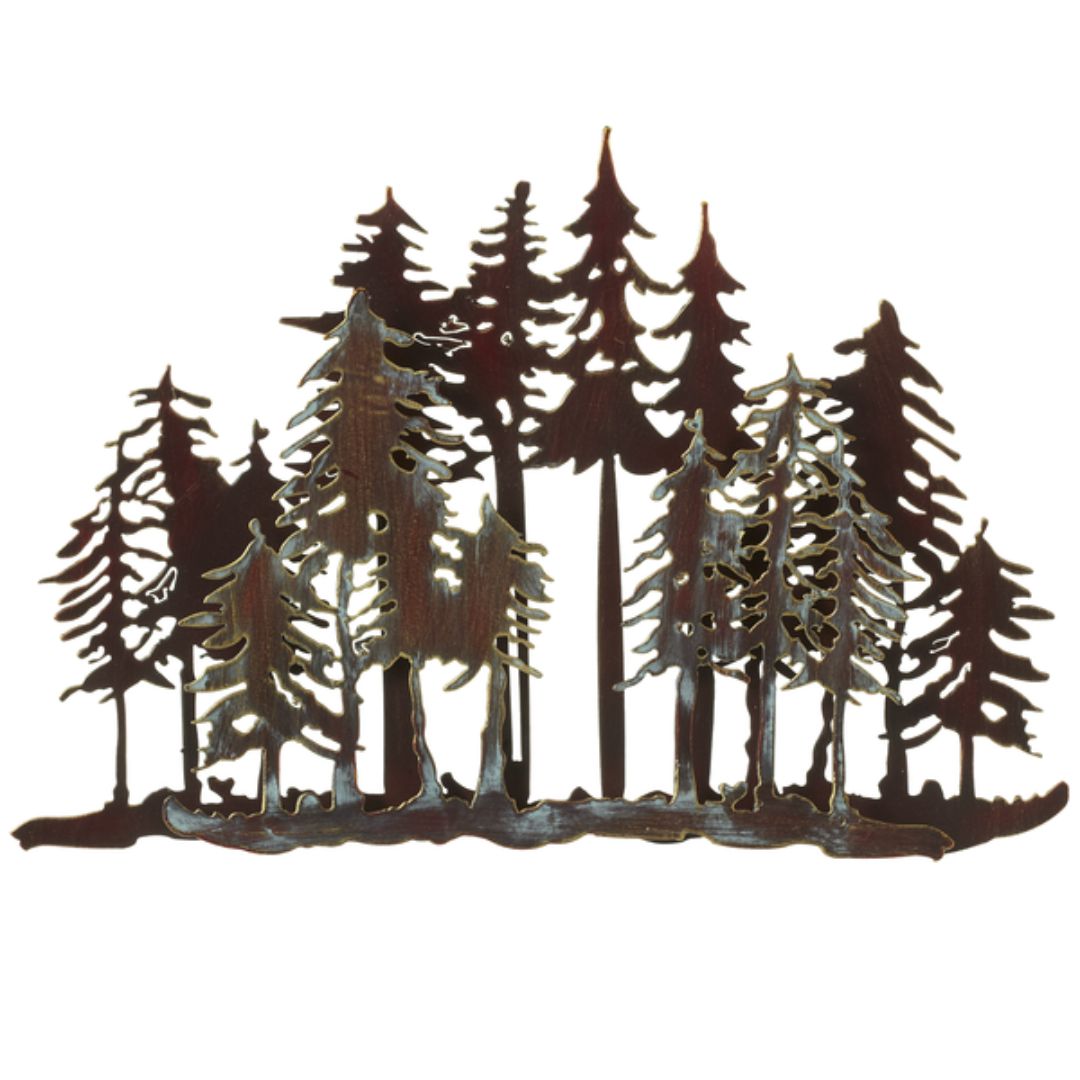 Metal wall decor featuring an 18x12 inch layered tree forest scene, ideal for enhancing cabin or lake home mantels with its intricate and three-dimensional tree design.