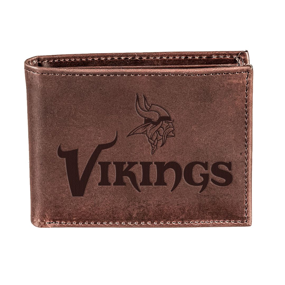 Minnesota Vikings Bi-Fold Wallet made of  genuine leather. Embossed Minnesota Vikings on outside of Leather Wallet.