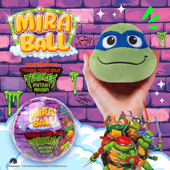 Mira Ball with Teenage Mutant Ninja Turtles branding against a colorful brick wall background.