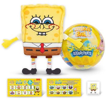 SpongeBob SquarePants plush toy and Mira Ball with packaging on a white background