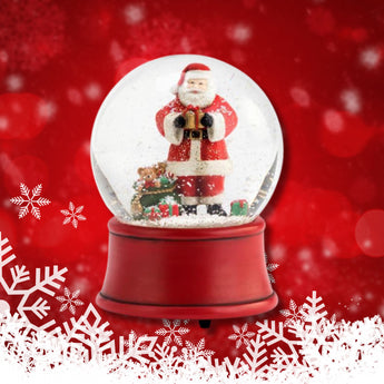 Musical Snow globe with Santa Claus and gifts on a red background with snowflakes