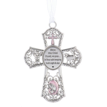 New Baby Girl Pink Crib Cross Ornament with Bless this Child O Lord, we pray...in your safe keeping both night and day prayer inscribed on it.