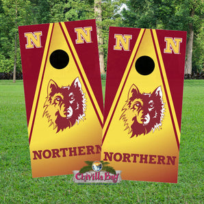 Northern State University Wolves Corn Hole Boards featuring vibrant school logos.