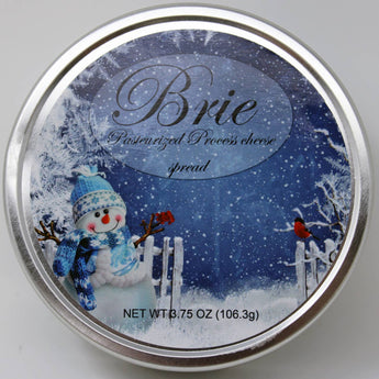 Northwoods Brie Cheese Spread in wooden hoop with blue snowman label