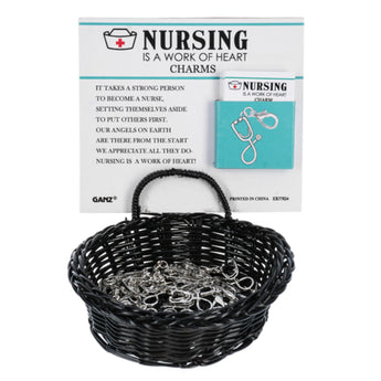 Silver stethoscope charms with Nursing Is a Work of Heart inspirational insert card in basket by Ganz Gift.