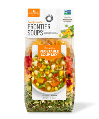 Ohio Valley Vegetable Soup Mix package featuring dried carrots, bell peppers, and tomatoes layered in a clear bag.