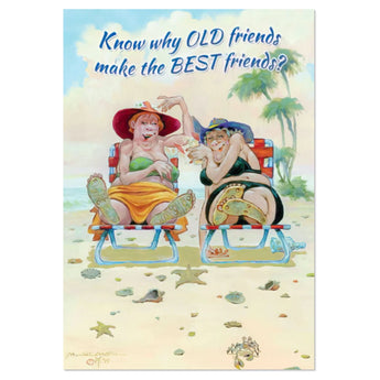 Funny birthday greeting card featuring two women on the beach with old friend humor, Forgetful Friends Forever card, 5x7 with envelope included