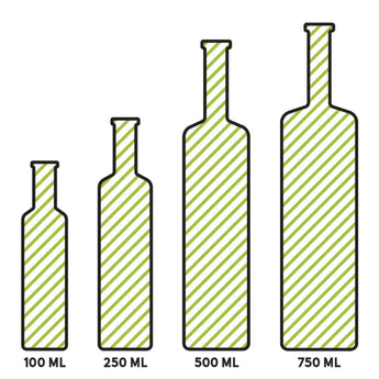 Set of four bottles with green diagonal stripes and labeled capacities on a white background