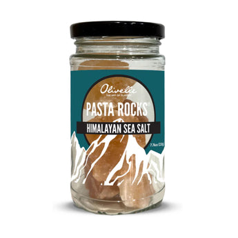Glass jar of Olivelle Pasta Rocks - Himalayan salt chunks for seasoning pasta water.