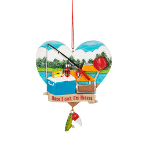 Once I cast I'm Hooked Fishing Ornament with heart lake scene
