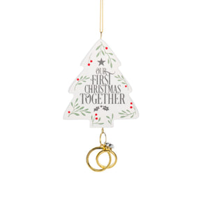 Our First Christmas Together tree ornament with gold rings for newlyweds