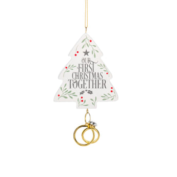 Our First Christmas Together tree ornament with gold rings for newlyweds