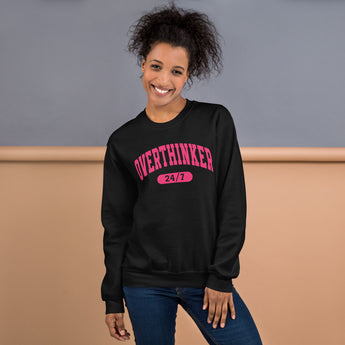 Overthinker 24/7 sweatshirt with pink lettering, available in Black, Navy, Dark Heather, and Chocolate Brown