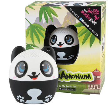 Panda-shaped Bluetooth speaker with packaging featuring the brand 'My Audio Pet'.