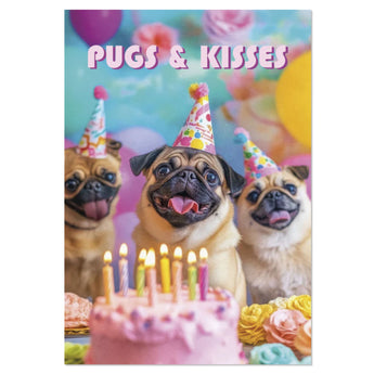 Cute pug birthday greeting card with three pugs wearing party hats around a cake, high gloss finish, 5x7 with envelope