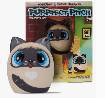 Cat-shaped portable Bluetooth speaker with 'Purrfect Pitch' packaging