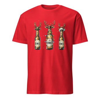 Red t-shirt with three beer bottles dressed as reindeer with antlers, lights, and santa hats, labeled "Reinbeer".