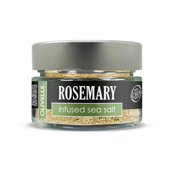 Glass jar of Rosemary Infused Sea Salt with dried rosemary - flavorful herb seasoning for roasted vegetables, poultry, and breads.
