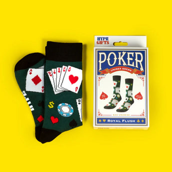 Royal Flush Poker Socks in novelty playing card packaging, adult size