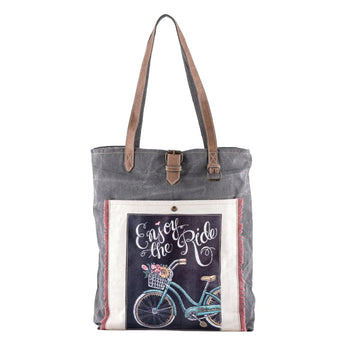Sixtease Bett Gray canvas tote bag with bicycle design and 'Enjoy the Ride' text on a white background