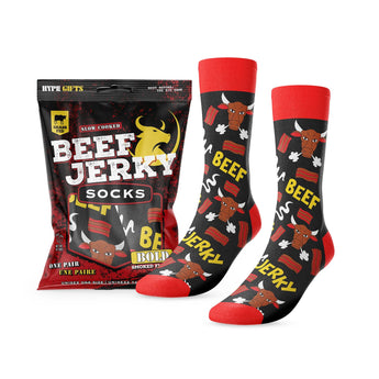 Unisex novelty Beef Jerky Socks in a realistic beef jerky-style package, fun and giftable.