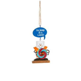 S'more lake bum ornament with floatie and "Go jump in a lake!" speech bubble