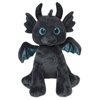 Sparkscale the Dragon 16-inch plush from the Frannie & Friends Create-a-Cuddly collection with charcoal velvety fabric, shimmering teal wings, and embroidered blue eyes.
