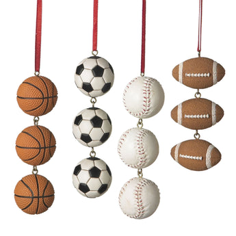 Sports Ball Swag Ornaments with stacked basketball, soccer, baseball, or football designs, sold individually.