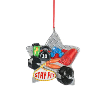 Star-shaped ornament with fitness equipment and 'Stay Fit' text on a white background