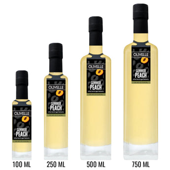Summer Peach White Barrel Aged Balsamic in assorted sizes.