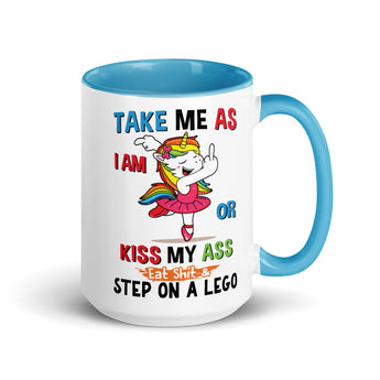 Take Me As I Am funny sarcastic coffee mug light blue handle 15 oz right side view