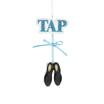 Tap dance ornament with black tap shoes and blue bow