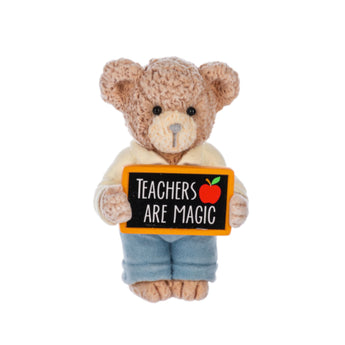 Teachers Are Magic teddy bear figurine with flocked fur holding chalkboard sign with apple detail.
