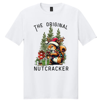 White unisex t-shirt with festive squirrel design and text "The Original Nutcracker" surrounded by Christmas trees and presents.