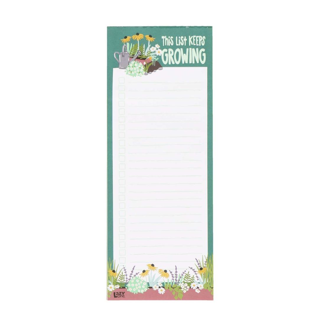 Magnetic gardening notepad titled 'This List Keeps Growing' with watering can and flower design, 50 sheets, size 11” x 4.25”