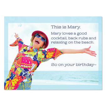 Funny birthday card with Mary on the beach who loves cocktails