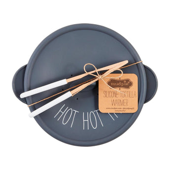 Mudpie Tortilla Warmer Set featuring gray silicone tortilla dish with lid and wood/silicone serving tongs.